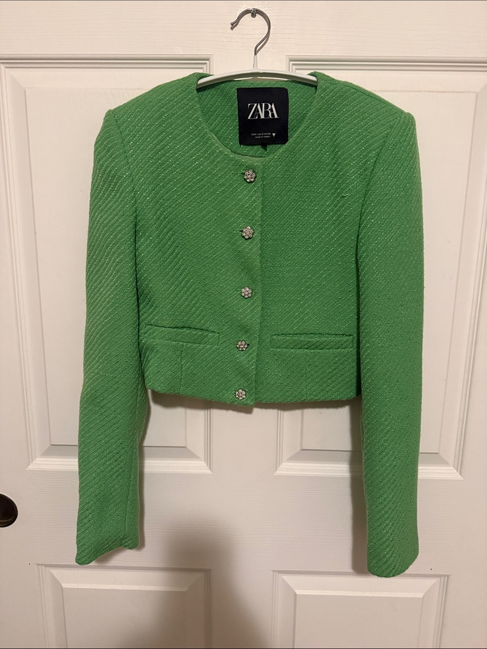 Zara Bright Green Cropped Textured Blazer with Decorative Buttons